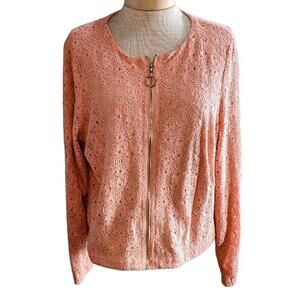 Justfab Pretty Feminine Dusty Pink Stretch Lace Gold Zip Lined Jacket Sz L